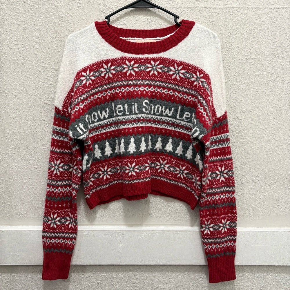 Jessica Simpson "Let it Snow" Cropped Knit Christmas Winter Sweater Small